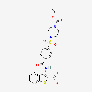 molecular formula C24H25N3O7S2 B2713461 Ethyl 4-((4-((2-(methoxycarbonyl)benzo[b]thiophen-3-yl)carbamoyl)phenyl)sulfonyl)piperazine-1-carboxylate CAS No. 398999-65-0