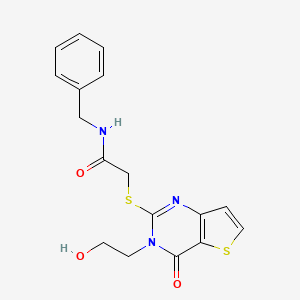 molecular formula C17H17N3O3S2 B2713483 N-benzyl-2-((3-(2-hydroxyethyl)-4-oxo-3,4-dihydrothieno[3,2-d]pyrimidin-2-yl)thio)acetamide CAS No. 1798672-11-3