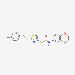 molecular formula C21H20N2O3S2 B2713503 N-(2,3-dihydrobenzo[b][1,4]dioxin-6-yl)-2-(2-((4-methylbenzyl)thio)thiazol-4-yl)acetamide CAS No. 941984-93-6