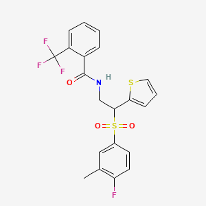 molecular formula C21H17F4NO3S2 B2713521 N-[2-(4-fluoro-3-methylbenzenesulfonyl)-2-(thiophen-2-yl)ethyl]-2-(trifluoromethyl)benzamide CAS No. 923195-29-3