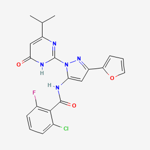 molecular formula C21H17ClFN5O3 B2713606 2-chloro-6-fluoro-N-(3-(furan-2-yl)-1-(4-isopropyl-6-oxo-1,6-dihydropyrimidin-2-yl)-1H-pyrazol-5-yl)benzamide CAS No. 1207038-73-0