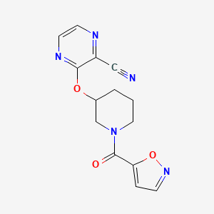molecular formula C14H13N5O3 B2713639 3-((1-(Isoxazole-5-carbonyl)piperidin-3-yl)oxy)pyrazine-2-carbonitrile CAS No. 2034502-57-1