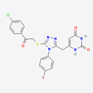 molecular formula C21H15ClFN5O3S B2713650 6-((5-((2-(4-chlorophenyl)-2-oxoethyl)thio)-4-(4-fluorophenyl)-4H-1,2,4-triazol-3-yl)methyl)pyrimidine-2,4(1H,3H)-dione CAS No. 852154-58-6