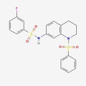 molecular formula C21H19FN2O4S2 B2713653 N-[1-(benzenesulfonyl)-1,2,3,4-tetrahydroquinolin-7-yl]-3-fluorobenzene-1-sulfonamide CAS No. 950474-93-8