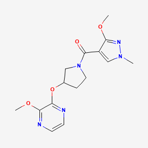 molecular formula C15H19N5O4 B2713698 (3-methoxy-1-methyl-1H-pyrazol-4-yl)(3-((3-methoxypyrazin-2-yl)oxy)pyrrolidin-1-yl)methanone CAS No. 2034208-04-1