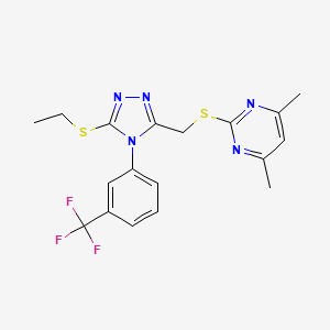 molecular formula C18H18F3N5S2 B2713710 2-[[5-Ethylsulfanyl-4-[3-(trifluoromethyl)phenyl]-1,2,4-triazol-3-yl]methylsulfanyl]-4,6-dimethylpyrimidine CAS No. 868222-64-4