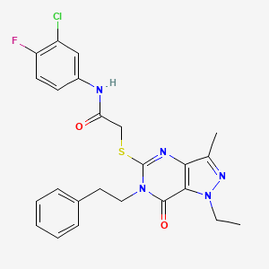 molecular formula C24H23ClFN5O2S B2713855 N-(3-chloro-4-fluorophenyl)-2-{[1-ethyl-3-methyl-7-oxo-6-(2-phenylethyl)-1H,6H,7H-pyrazolo[4,3-d]pyrimidin-5-yl]sulfanyl}acetamide CAS No. 1358764-99-4