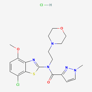 molecular formula C19H23Cl2N5O3S B2713945 N-(7-chloro-4-methoxy-1,3-benzothiazol-2-yl)-1-methyl-N-[2-(morpholin-4-yl)ethyl]-1H-pyrazole-3-carboxamide hydrochloride CAS No. 1189964-54-2