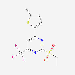 molecular formula C12H11F3N2O2S2 B2714026 2-(Ethylsulfonyl)-4-(5-methylthiophen-2-yl)-6-(trifluoromethyl)pyrimidine CAS No. 832737-60-7