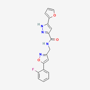 molecular formula C18H13FN4O3 B2714052 N-((5-(2-fluorophenyl)isoxazol-3-yl)methyl)-3-(furan-2-yl)-1H-pyrazole-5-carboxamide CAS No. 1240290-52-1