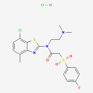 molecular formula C20H22Cl2FN3O3S2 B2714055 N-(7-chloro-4-methyl-1,3-benzothiazol-2-yl)-N-[2-(dimethylamino)ethyl]-2-(4-fluorophenyl)sulfonylacetamide;hydrochloride CAS No. 1216879-69-4