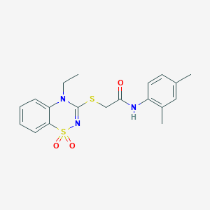 molecular formula C19H21N3O3S2 B2714205 N-(2,4-dimethylphenyl)-2-((4-ethyl-1,1-dioxido-4H-benzo[e][1,2,4]thiadiazin-3-yl)thio)acetamide CAS No. 941924-13-6
