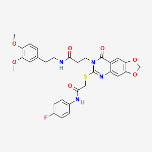 molecular formula C30H29FN4O7S B2714398 N-[2-(3,4-dimethoxyphenyl)ethyl]-3-[6-({[(4-fluorophenyl)carbamoyl]methyl}sulfanyl)-8-oxo-2H,7H,8H-[1,3]dioxolo[4,5-g]quinazolin-7-yl]propanamide CAS No. 688059-76-9