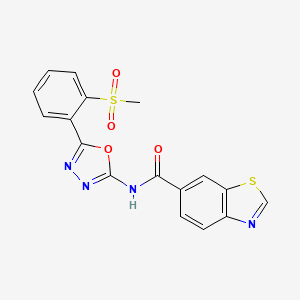molecular formula C17H12N4O4S2 B2714791 N-[5-(2-methanesulfonylphenyl)-1,3,4-oxadiazol-2-yl]-1,3-benzothiazole-6-carboxamide CAS No. 886925-54-8