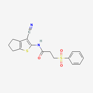 molecular formula C17H16N2O3S2 B2714908 3-(benzenesulfonyl)-N-{3-cyano-4H,5H,6H-cyclopenta[b]thiophen-2-yl}propanamide CAS No. 868676-21-5
