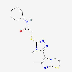 molecular formula C17H22N6OS2 B2715089 N-cyclohexyl-2-((4-methyl-5-(6-methylimidazo[2,1-b]thiazol-5-yl)-4H-1,2,4-triazol-3-yl)thio)acetamide CAS No. 1105197-27-0