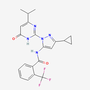 molecular formula C21H20F3N5O2 B2715480 N-(3-cyclopropyl-1-(4-isopropyl-6-oxo-1,6-dihydropyrimidin-2-yl)-1H-pyrazol-5-yl)-2-(trifluoromethyl)benzamide CAS No. 1226450-81-2