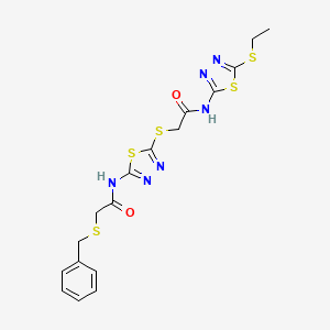 molecular formula C17H18N6O2S5 B2715530 2-(苄硫基)-N-(5-((2-((5-(乙硫基)-1,3,4-噻二唑-2-基)氨基)-2-氧代乙基)硫代)-1,3,4-噻二唑-2-基)乙酰胺 CAS No. 477215-09-1