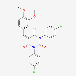molecular formula C25H18Cl2N2O5 B2715541 1,3-Bis(4-chlorophenyl)-5-[(3,4-dimethoxyphenyl)methylidene]-1,3-diazinane-2,4,6-trione CAS No. 1023576-76-2