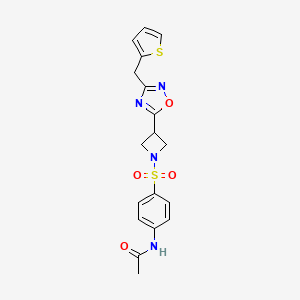 molecular formula C18H18N4O4S2 B2715584 N-(4-((3-(3-(thiophen-2-ylmethyl)-1,2,4-oxadiazol-5-yl)azetidin-1-yl)sulfonyl)phenyl)acetamide CAS No. 1351611-59-0