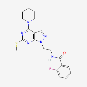 molecular formula C20H23FN6OS B2715595 2-氟-N-(2-(6-(甲硫基)-4-(哌啶-1-基)-1H-吡唑嘧啶-1-基)乙基)苯甲酰胺 CAS No. 941942-02-5