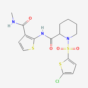 molecular formula C16H18ClN3O4S3 B2715623 1-((5-chlorothiophen-2-yl)sulfonyl)-N-(3-(methylcarbamoyl)thiophen-2-yl)piperidine-2-carboxamide CAS No. 1097203-35-4