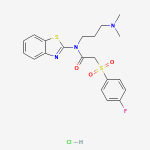 molecular formula C20H23ClFN3O3S2 B2715629 N-(1,3-BENZOTHIAZOL-2-YL)-N-[3-(DIMETHYLAMINO)PROPYL]-2-(4-FLUOROBENZENESULFONYL)ACETAMIDE HYDROCHLORIDE CAS No. 1216698-05-3