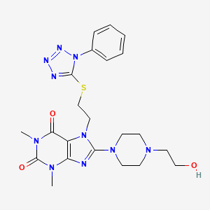 molecular formula C22H28N10O3S B2715768 8-(4-(2-hydroxyethyl)piperazin-1-yl)-1,3-dimethyl-7-(2-((1-phenyl-1H-tetrazol-5-yl)thio)ethyl)-1H-purine-2,6(3H,7H)-dione CAS No. 850914-92-0