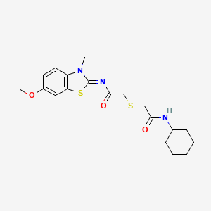 molecular formula C19H25N3O3S2 B2715792 (Z)-N-cyclohexyl-2-((2-((6-methoxy-3-methylbenzo[d]thiazol-2(3H)-ylidene)amino)-2-oxoethyl)thio)acetamide CAS No. 851716-82-0