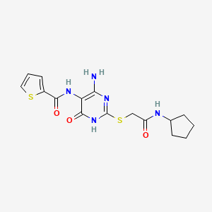 molecular formula C16H19N5O3S2 B2715993 N-(4-amino-2-((2-(cyclopentylamino)-2-oxoethyl)thio)-6-oxo-1,6-dihydropyrimidin-5-yl)thiophene-2-carboxamide CAS No. 868225-70-1