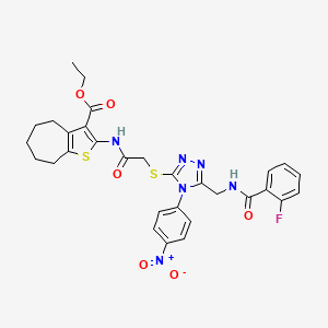 molecular formula C30H29FN6O6S2 B2716149 ethyl 2-(2-((5-((2-fluorobenzamido)methyl)-4-(4-nitrophenyl)-4H-1,2,4-triazol-3-yl)thio)acetamido)-5,6,7,8-tetrahydro-4H-cyclohepta[b]thiophene-3-carboxylate CAS No. 393808-40-7