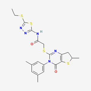 molecular formula C21H23N5O2S4 B2716157 2-[[3-(3,5-二甲基苯基)-6-甲基-4-氧代-6,7-二氢噻吩[3,2-d]嘧啶-2-基]硫代]-N-(5-乙基硫代-1,3,4-噻二唑-2-基)乙酰胺 CAS No. 851410-70-3