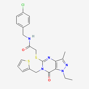 molecular formula C22H22ClN5O2S2 B2716473 N-[(4-chlorophenyl)methyl]-2-({1-ethyl-3-methyl-7-oxo-6-[(thiophen-2-yl)methyl]-1H,6H,7H-pyrazolo[4,3-d]pyrimidin-5-yl}sulfanyl)acetamide CAS No. 1359219-41-2