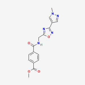 molecular formula C16H15N5O4 B2716482 methyl 4-(((3-(1-methyl-1H-pyrazol-4-yl)-1,2,4-oxadiazol-5-yl)methyl)carbamoyl)benzoate CAS No. 2034383-59-8