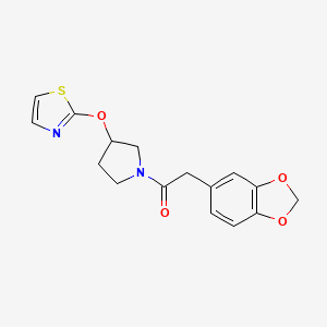 molecular formula C16H16N2O4S B2716640 2-(2H-1,3-benzodioxol-5-yl)-1-[3-(1,3-thiazol-2-yloxy)pyrrolidin-1-yl]ethan-1-one CAS No. 2200185-02-8