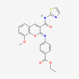 molecular formula C23H19N3O5S B2716717 ethyl 4-{[(2Z)-8-methoxy-3-(1,3-thiazol-2-ylcarbamoyl)-2H-chromen-2-ylidene]amino}benzoate CAS No. 1327172-61-1