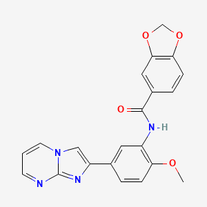 molecular formula C21H16N4O4 B2717112 N-(5-{IMIDAZO[1,2-A]PYRIMIDIN-2-YL}-2-METHOXYPHENYL)-2H-1,3-BENZODIOXOLE-5-CARBOXAMIDE CAS No. 862810-77-3