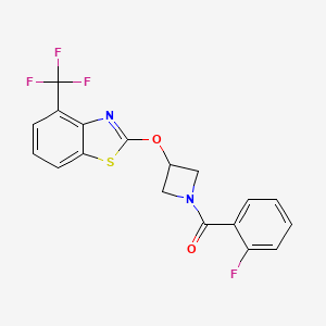 molecular formula C18H12F4N2O2S B2717166 (2-Fluorophenyl)(3-((4-(trifluoromethyl)benzo[d]thiazol-2-yl)oxy)azetidin-1-yl)methanone CAS No. 1421442-67-2