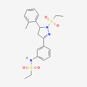 molecular formula C20H25N3O4S2 B2717175 N-{3-[1-(ethanesulfonyl)-5-(2-methylphenyl)-4,5-dihydro-1H-pyrazol-3-yl]phenyl}ethane-1-sulfonamide CAS No. 851783-11-4