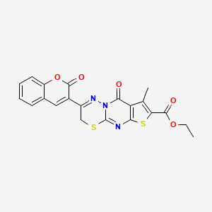 molecular formula C21H15N3O5S2 B2717312 ethyl 4-methyl-2-oxo-12-(2-oxochromen-3-yl)-6,10-dithia-1,8,13-triazatricyclo[7.4.0.03,7]trideca-3(7),4,8,12-tetraene-5-carboxylate CAS No. 865654-96-2