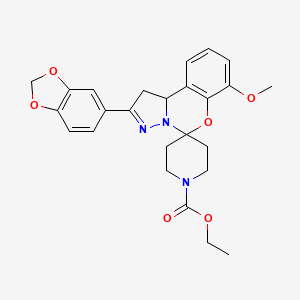 molecular formula C25H27N3O6 B2717327 Ethyl 2-(benzo[d][1,3]dioxol-5-yl)-7-methoxy-1,10b-dihydrospiro[benzo[e]pyrazolo[1,5-c][1,3]oxazine-5,4'-piperidine]-1'-carboxylate CAS No. 899727-93-6