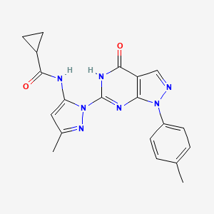 molecular formula C20H19N7O2 B2717491 N-(3-methyl-1-(4-oxo-1-(p-tolyl)-4,5-dihydro-1H-pyrazolo[3,4-d]pyrimidin-6-yl)-1H-pyrazol-5-yl)cyclopropanecarboxamide CAS No. 1172228-36-2