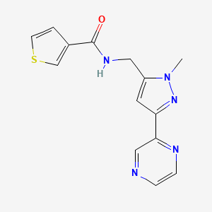 molecular formula C14H13N5OS B2717528 N-((1-methyl-3-(pyrazin-2-yl)-1H-pyrazol-5-yl)methyl)thiophene-3-carboxamide CAS No. 2034288-50-9