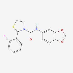 molecular formula C17H15FN2O3S B2717598 N-(benzo[d][1,3]dioxol-5-yl)-2-(2-fluorophenyl)thiazolidine-3-carboxamide CAS No. 2034286-82-1