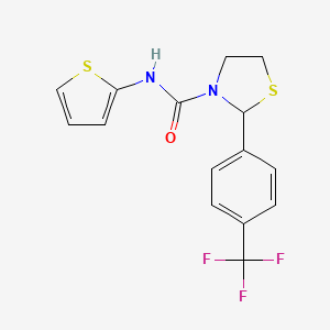 molecular formula C15H13F3N2OS2 B2717922 N-(thiophen-2-yl)-2-(4-(trifluoromethyl)phenyl)thiazolidine-3-carboxamide CAS No. 2034471-55-9
