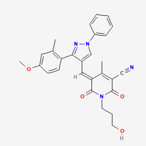 (5E)-1-(3-hydroxypropyl)-5-{[3-(4-methoxy-2-methylphenyl)-1-phenyl-1H-pyrazol-4-yl]methylidene}-4-methyl-2,6-dioxo-1,2,5,6-tetrahydropyridine-3-carbonitrile
