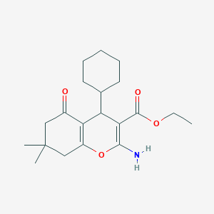 molecular formula C20H29NO4 B2718149 ethyl 2-amino-4-cyclohexyl-7,7-dimethyl-5-oxo-5,6,7,8-tetrahydro-4H-chromene-3-carboxylate 