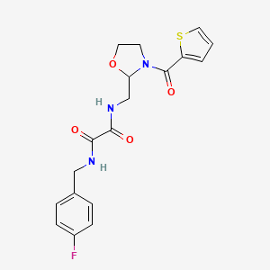 molecular formula C18H18FN3O4S B2718531 N'-[(4-fluorophenyl)methyl]-N-{[3-(thiophene-2-carbonyl)-1,3-oxazolidin-2-yl]methyl}ethanediamide CAS No. 874805-76-2