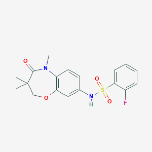 molecular formula C18H19FN2O4S B2718554 2-fluoro-N-(3,3,5-trimethyl-4-oxo-2,3,4,5-tetrahydro-1,5-benzoxazepin-8-yl)benzene-1-sulfonamide CAS No. 922096-82-0
