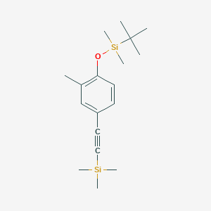 molecular formula C18H30OSi2 B2718637 tert-butyldimethyl{2-methyl-4-[2-(trimethylsilyl)ethynyl]phenoxy}silane CAS No. 2445790-24-7